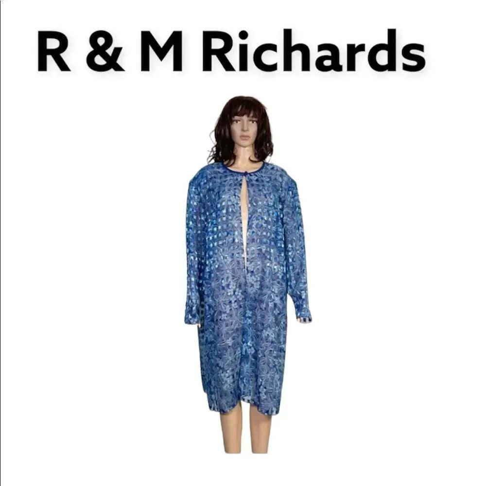 R&M Richards Karen Kwong Blue Printed Cover Up Elegant Chiffon Kimono Jacket 24W